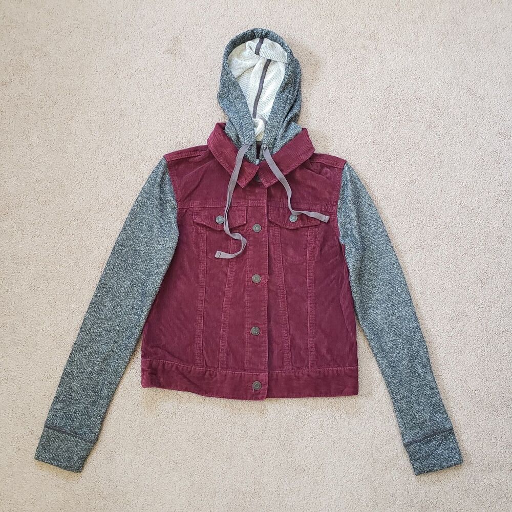 Mudd Burgundy Corduroy Jacket Heather Gray Knit Sleeves And Hoodie Size S